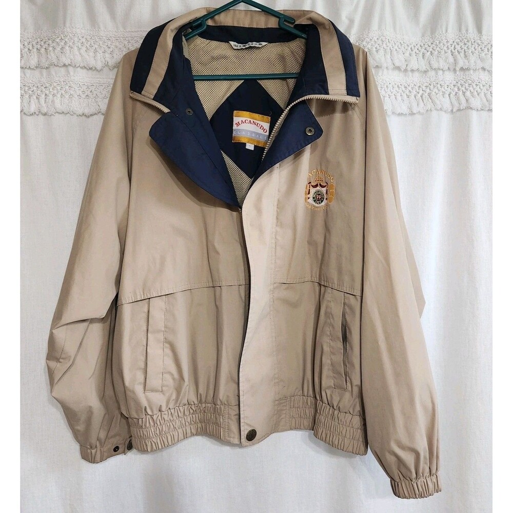 Vintage Macanudo Cigars Windbreaker Jacket Men's Large Tan Navy Blue Embroidered